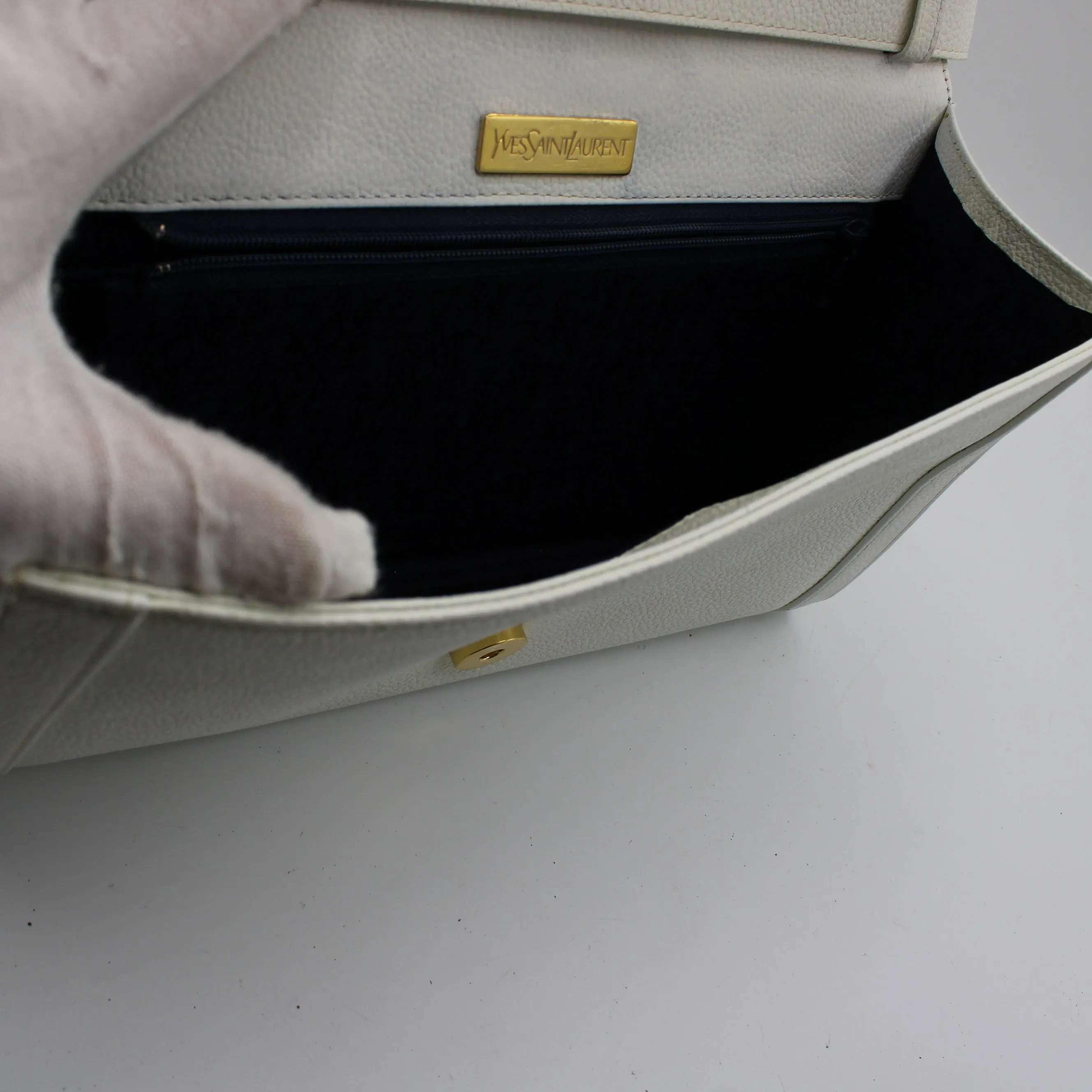 Yves Saint Laurent White Leather Gold Buckle Crossbody Clutch Bag