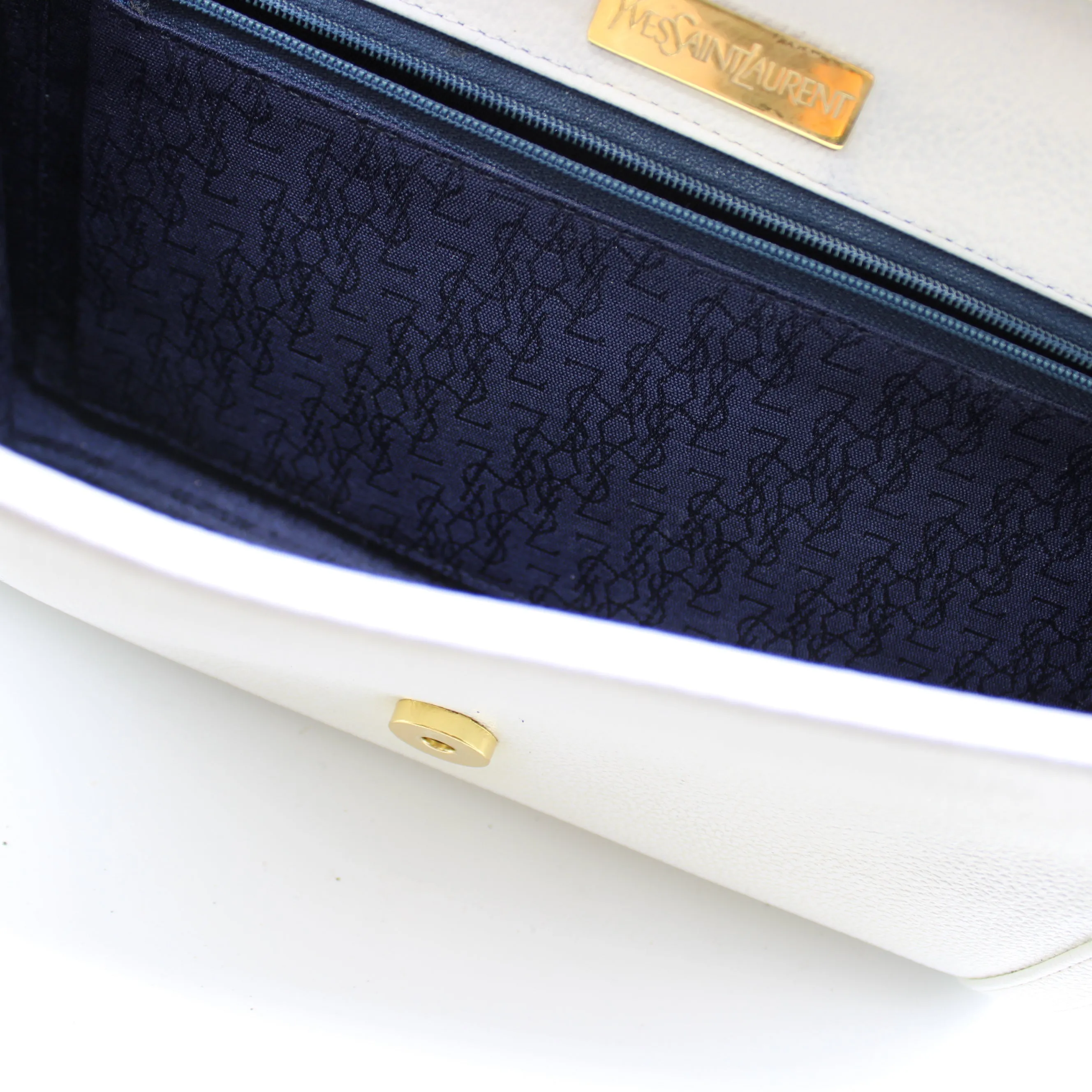 Yves Saint Laurent White Leather Gold Buckle Crossbody Clutch Bag