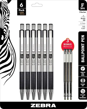 Zebra F-301 Stainless Steel Pen, Pack of 6 Retractable Ballpoint 0.7mm Fine Point Pens  3 Refills