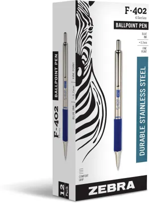 Zebra F-402 Stainless Steel Retractable Ballpoint Pen, 0.7mm, Blue, 12-Pack (29220)