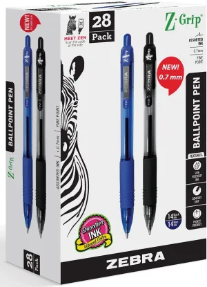 ‎Zebra Pen Ballpoint - Bulk Pack Of 28 Z-grip Retractable Fine Point 0.7 mm, 14 Black Pens & 14 Blue