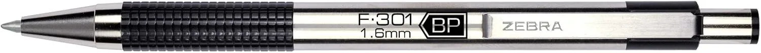 Zebra Pen F-301 Retractable Ballpoint Pen, Stainless Steel Barrel, Bold Point, 1.6mm, Black Ink, 12-Pack