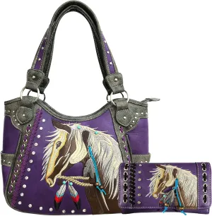 Zelris Dakota Dales Pony Horse Embroidery Mane Western Country Women Conceal Carry Tote Purse with Matching Wallet Set