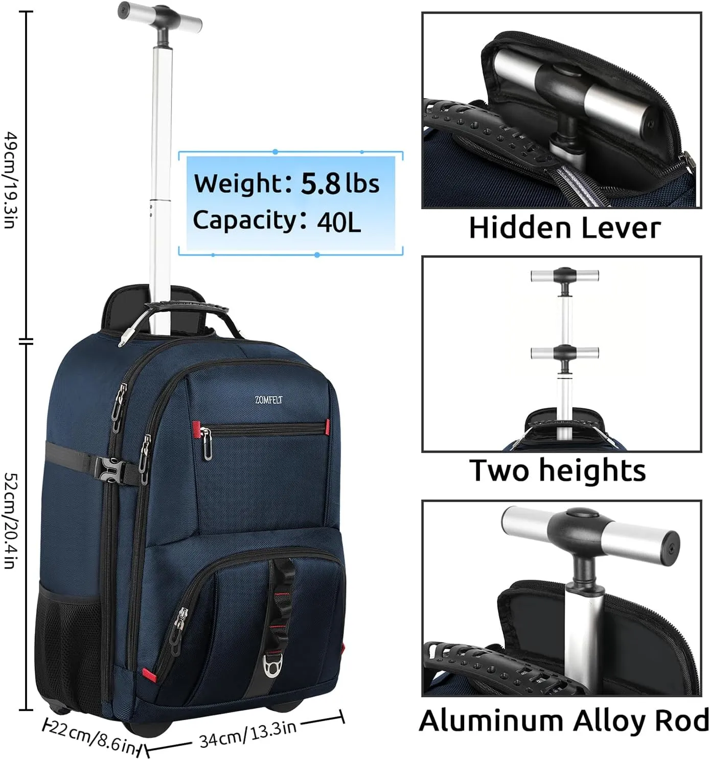 ZOMFELT Rolling Backpack, Travel Backpack with Wheels, Carry on Backpack with 3 Packing Cubes, 17.3 Inch Wheeled Laptop Backpack for Men Women Adults to Travel Work Business Blue