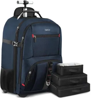 ZOMFELT Rolling Backpack, Travel Backpack with Wheels, Carry on Backpack with 3 Packing Cubes, 17.3 Inch Wheeled Laptop Backpack for Men Women Adults to Travel Work Business Blue