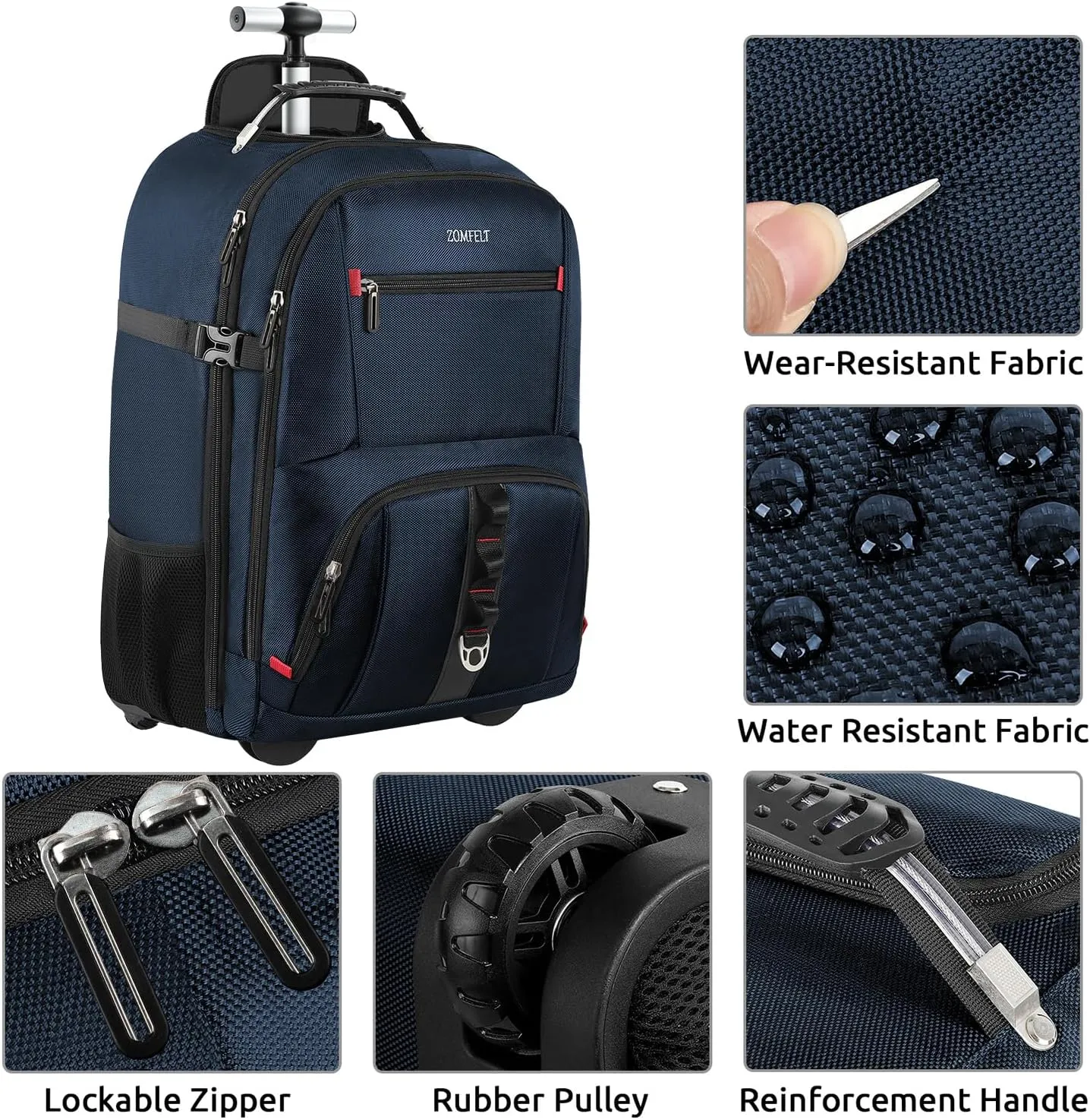 ZOMFELT Rolling Backpack, Travel Backpack with Wheels, Carry on Backpack with 3 Packing Cubes, 17.3 Inch Wheeled Laptop Backpack for Men Women Adults to Travel Work Business Blue