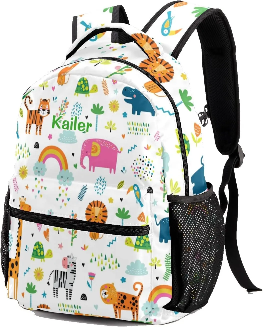 Zoo Animals Floral Personalized Kids School Backpack Custom Name for Boys Girls Primary Daypack Bookbag Travel Bag