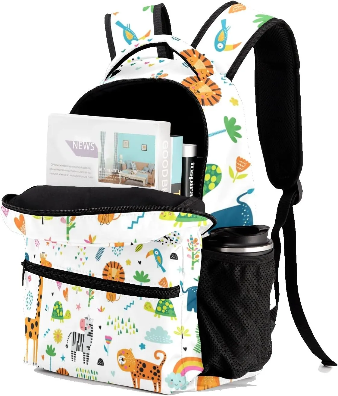 Zoo Animals Floral Personalized Kids School Backpack Custom Name for Boys Girls Primary Daypack Bookbag Travel Bag