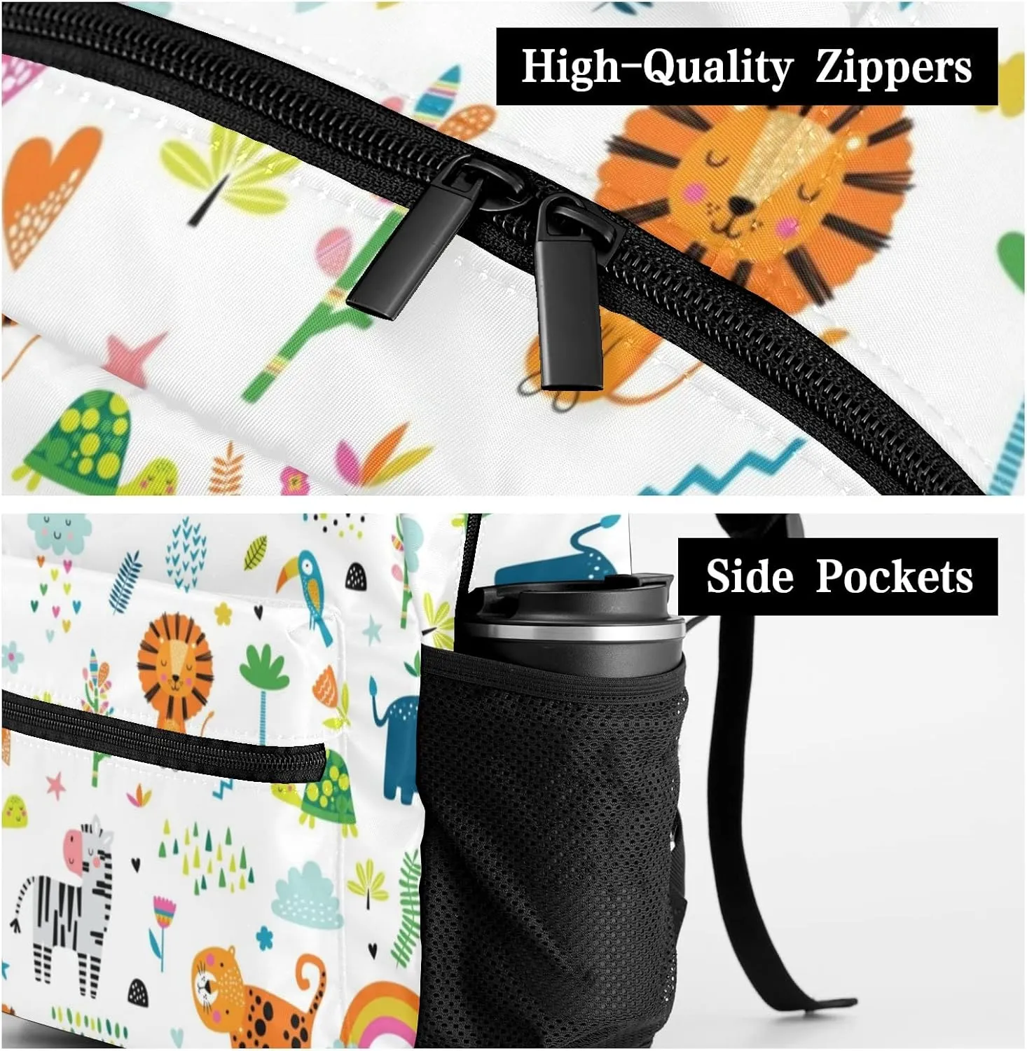 Zoo Animals Floral Personalized Kids School Backpack Custom Name for Boys Girls Primary Daypack Bookbag Travel Bag