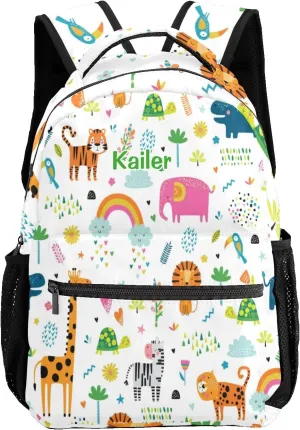 Zoo Animals Floral Personalized Kids School Backpack Custom Name for Boys Girls Primary Daypack Bookbag Travel Bag